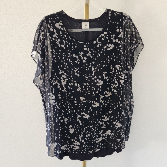 Cabi Cosmos Top Night Sky Womens Size Large Black Double Layer Short Sleeve - Picture 1 of 6